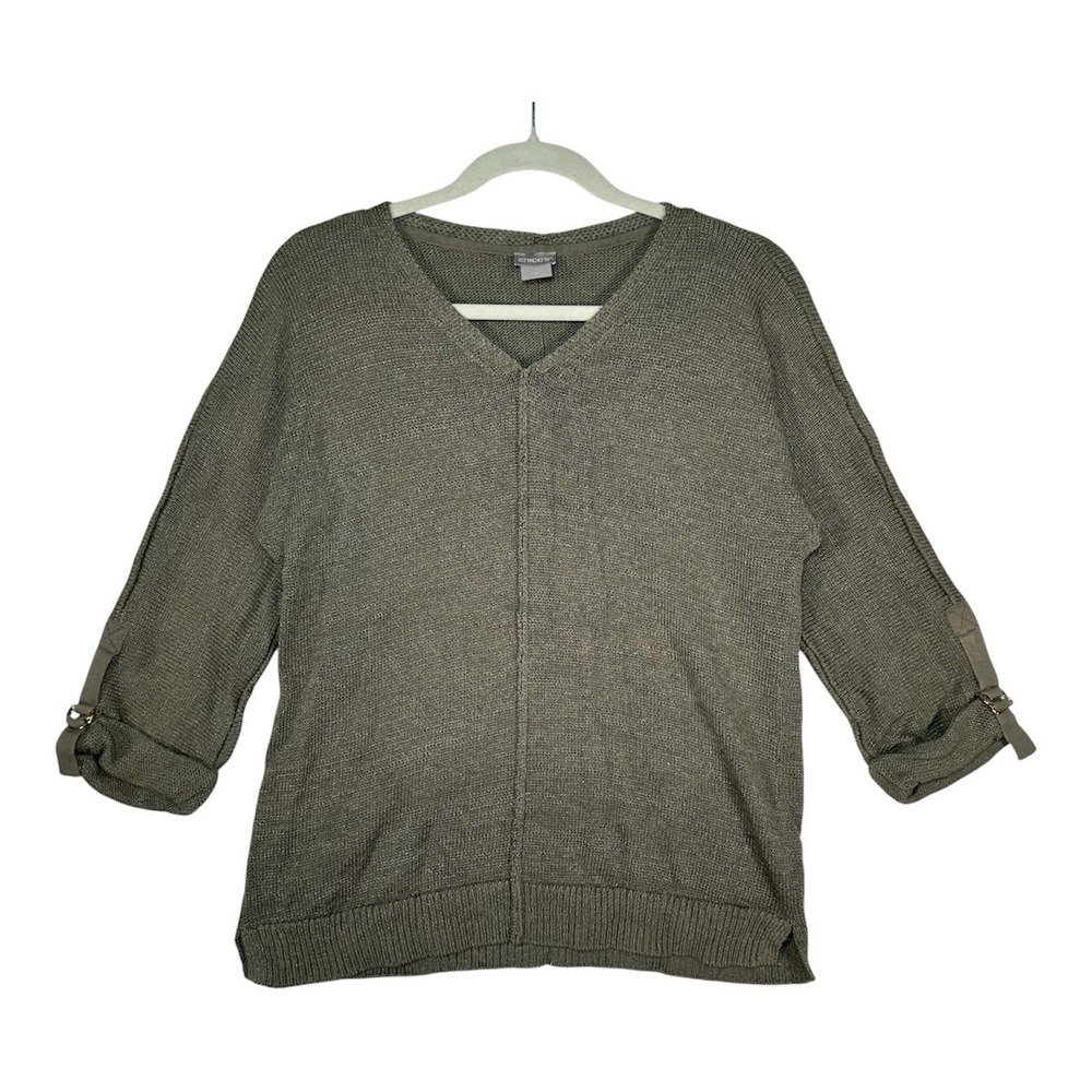 Chicos V Neck Sweater 0 S Metallic Olive Green Knit‎ Cuffed Pullover Shimmer